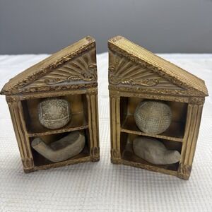Vintage Gold Neoclassical Greek Temple Architecture Golf Club Ball Bookends Pair